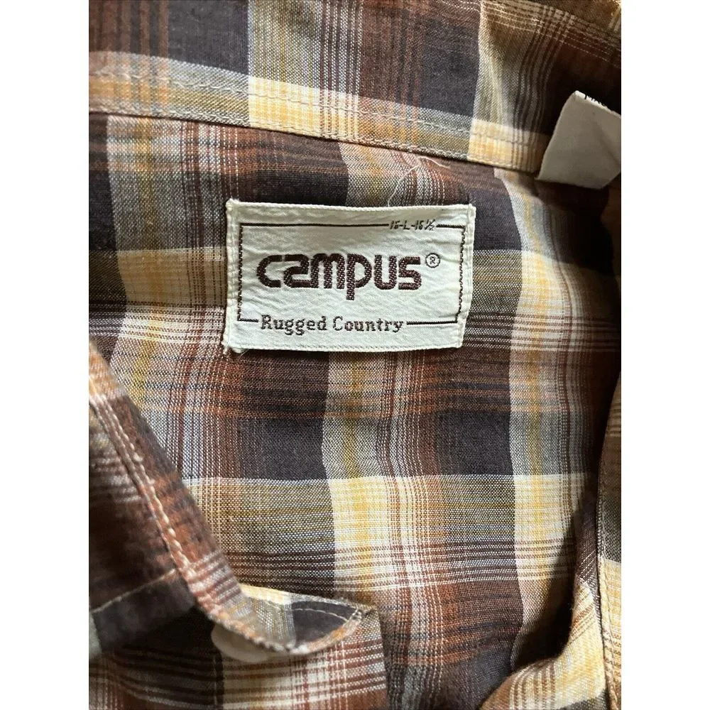 Vintage Campus Rugged Country Mens Brown Plaid Pearl Snap Western Shirt Large - Picture 6 of 8